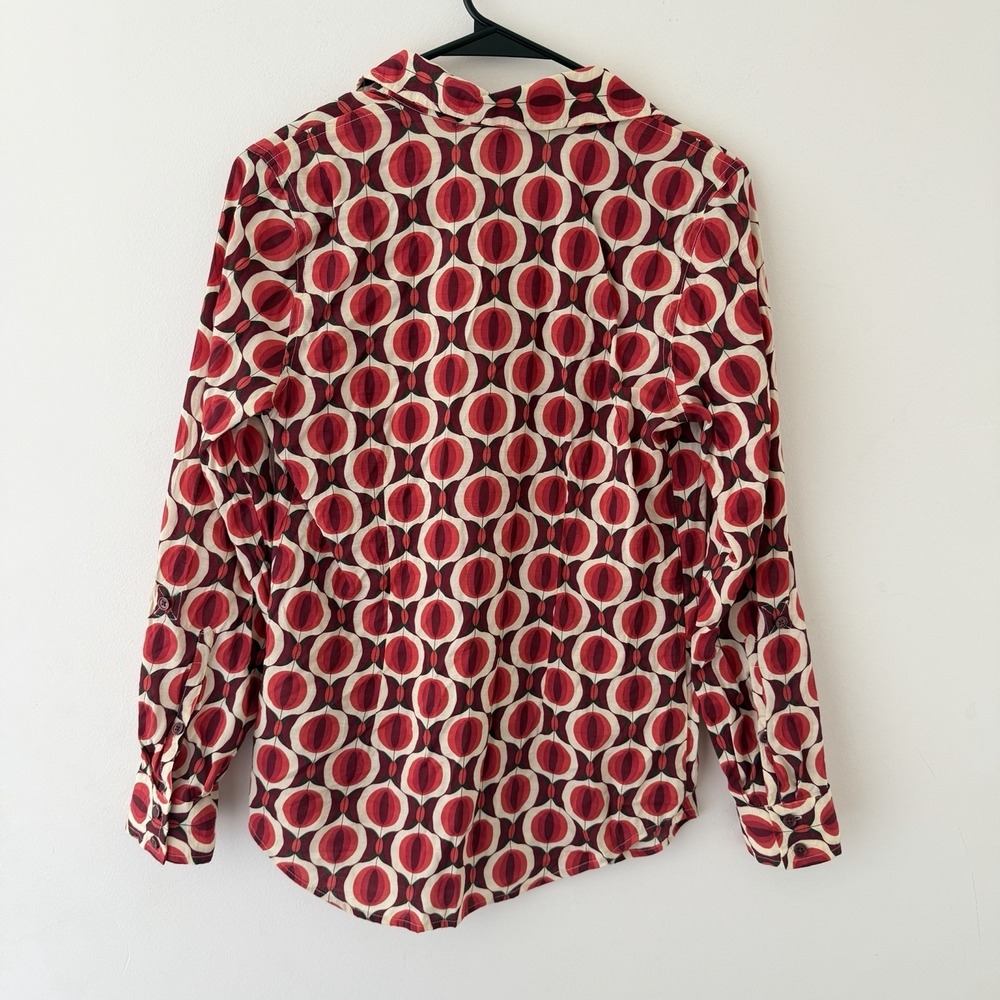 Mod Geometric Print Blouse Red Cream Retro Graphic‎ Button Up Statement Top XS - Picture 2 of 9